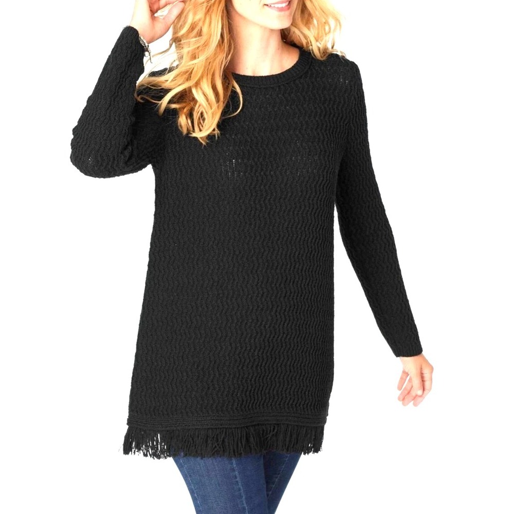 J. Jill Black Open Weave Fringed Hem Tunic Sweater Women's 4X